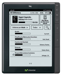libro electrónico con su Movistar ebook bq, un terminal de tinta electrónica, gran contraste y conexión a Internet vía WiFi. Su precio es 169 euros