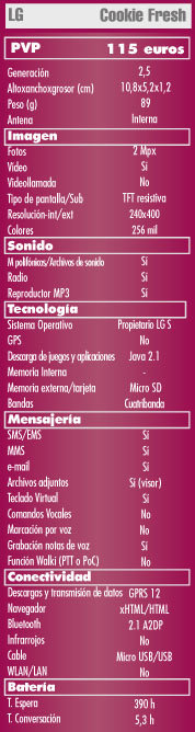 Ficha tecnica LG cookie fresh, caracteristicas LG Cookie fresh
