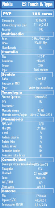 Ficha tecnica Nokia C3 Touch & Type, caracteristicas Ficha tecnica Nokia C3 Touch & Type